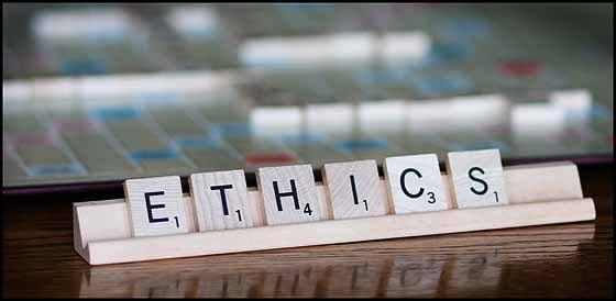 Scrabble letter spelled "Ethics"